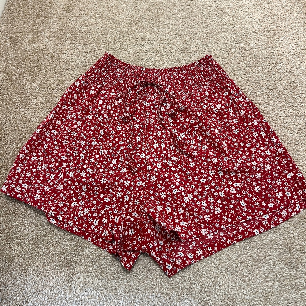 Red and white floral shorts